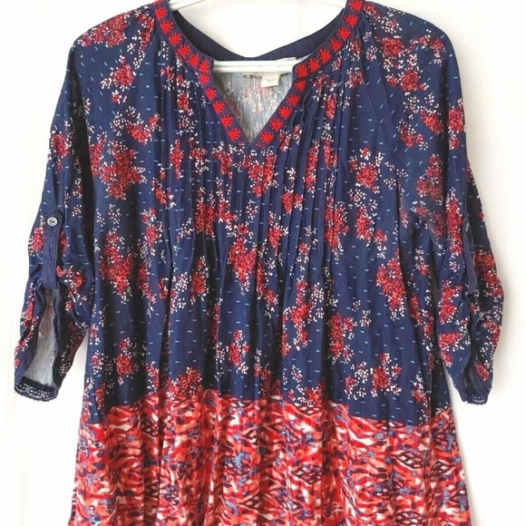 Vintage America Jolita Top V Neck 3/4 Roll Tab Sleeves Navy Print Size M - Picture 9 of 14